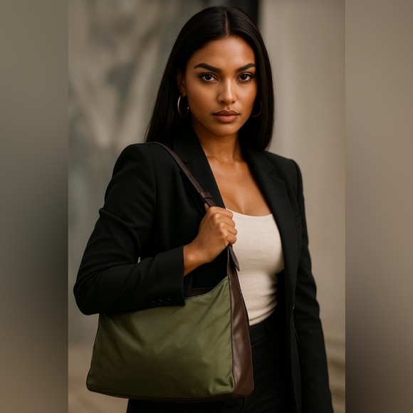 Prada Green Nylon Brown Leather Shoulder Bag - Picture 1 of 16